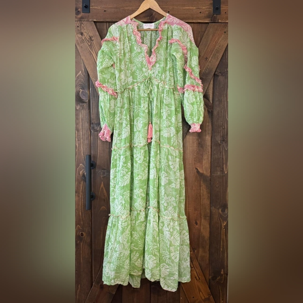 Miss June Paris Elegant Green and Pink Floral Maxi Dress 100% Cotton